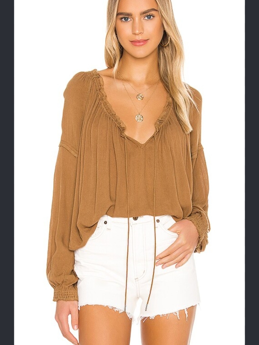 NWOT Free People Rust Brown V-Neck Ruffle Peasant Blouse